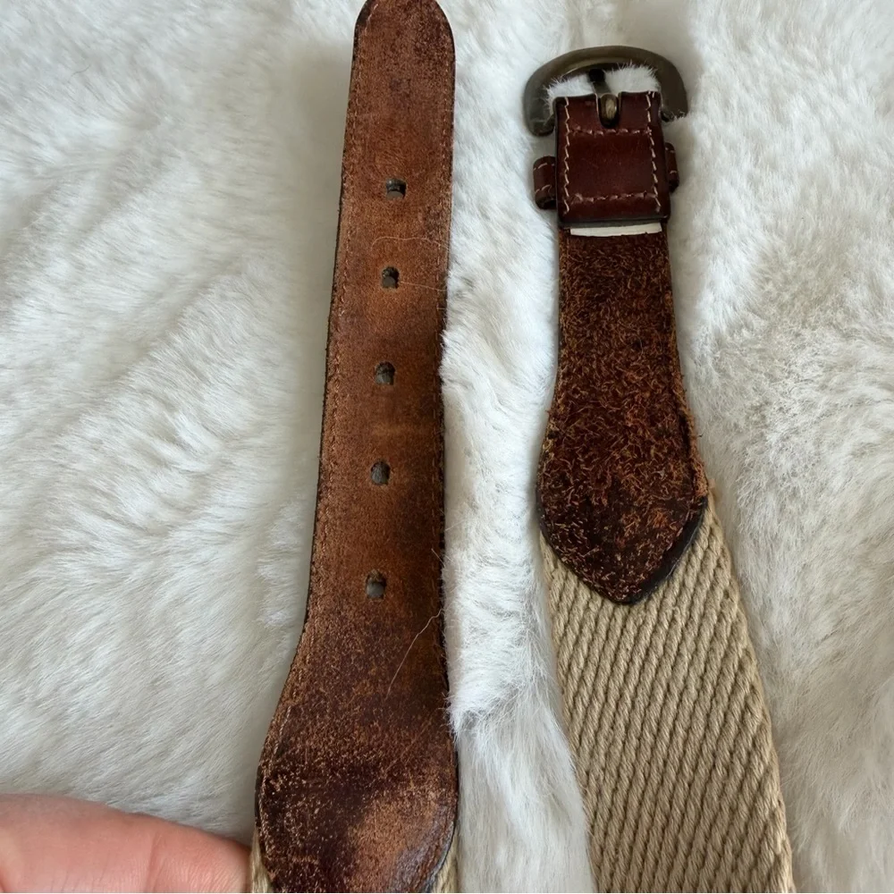 Vintage 1970s Dooney & Bourke Leather & Khaki Woven Belt Solid Brass Buckle